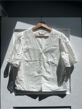 Love, Bonito White Eyelet Embroidered Button-Front V-Neck Blouse